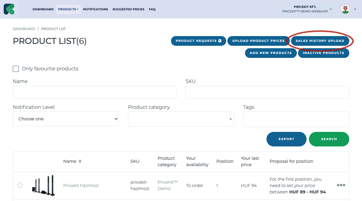 Upload sales history